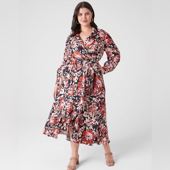 NWT Lane Bryant Size 28 Blouson-Sleeve Shawl-Collar Wrap Dress Ikat Floral - Picture 1 of 4